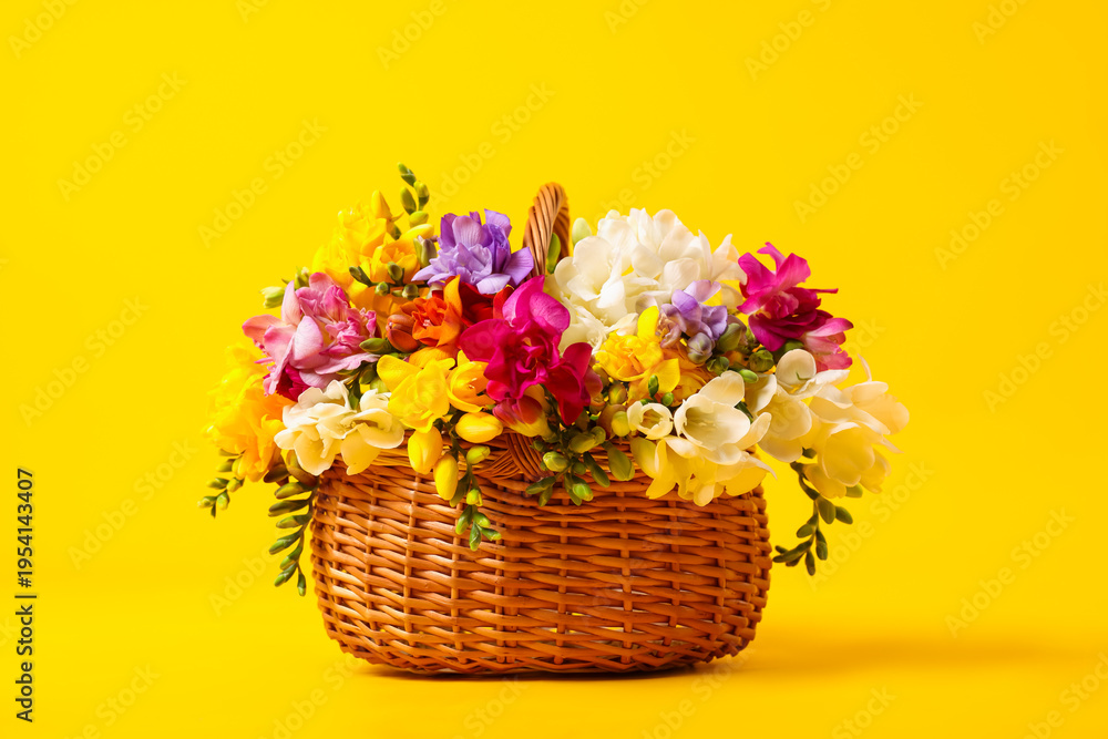 Fototapeta premium Beautiful freesia flowers in basket on yellow background