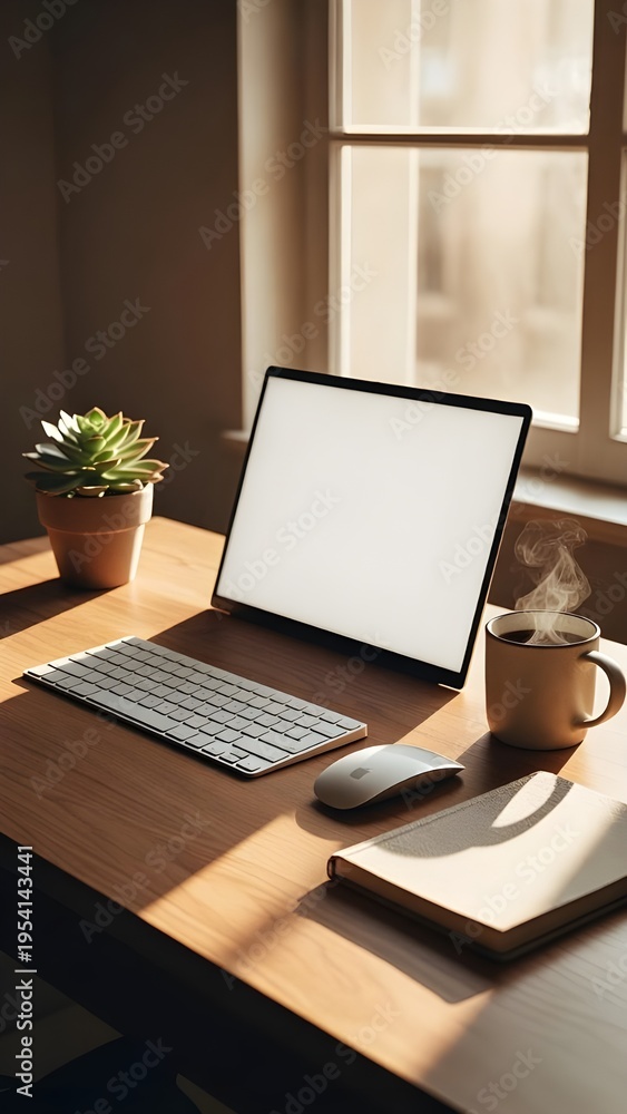 Fototapeta premium Clean Wooden Desk Overhead Flatlay Open Laptop Blank Screen Coffee Mug Succulent Notebook Hybrid Work Productivity No People Stock Image