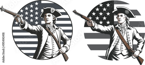 Revolutionary soldier with musket and american flag, historical patriot illustration, united states