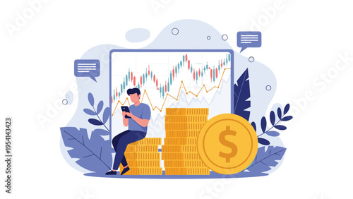 Successful investor sitting on stack of golden coins while analyzing stock market financial growth chart on mobile phone screen display.