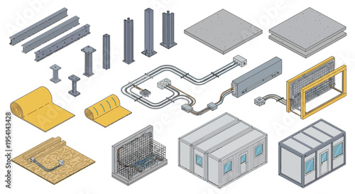 Construction workers assemble industrial building components on site with tools