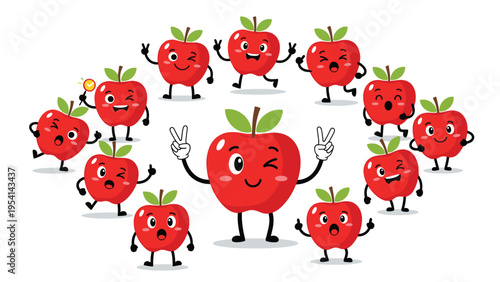 Set of cute red apple characters with various facial expressions and active poses for healthy eating and children education concepts.