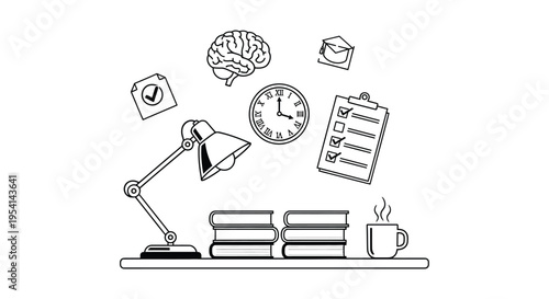 An educational scene with a desk lamp shining on stacked books next to a steaming cup with a clock, clipboard, and brain icons floating above.