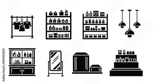 Clothing and accessories on display in a store with shelves and lighting