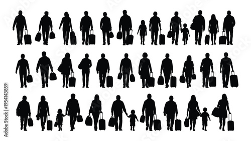 Silhouettes of people walking with luggage in various poses and directions