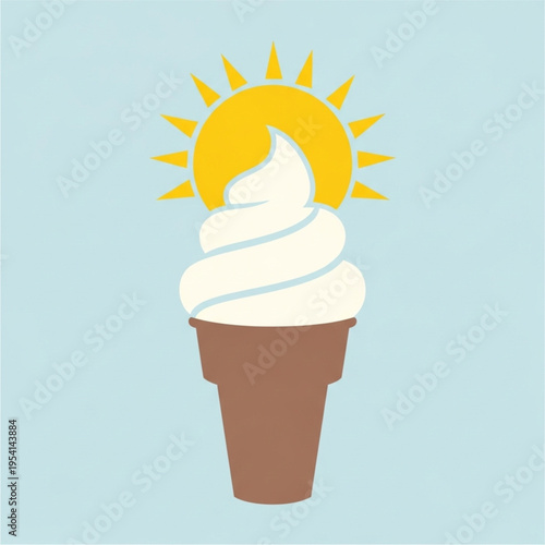ice cream scoop on a wafer cone with sun, flat vector look.