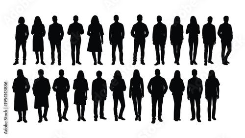 Collection of 20 black silhouettes of people standing in two rows on a white background