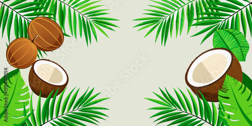 Tropical coconut and palm leaves frame design, vector