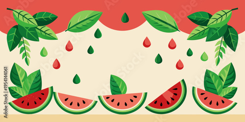 Fresh watermelon slices and green leaves illustration, vector