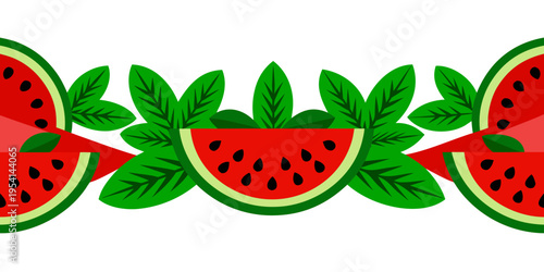 Seamless border with watermelon slices and green leaves, vector
