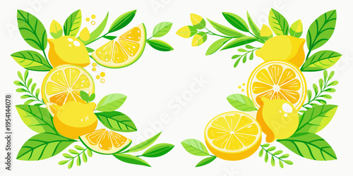 Fresh lemon and green leaves frame illustration, vector