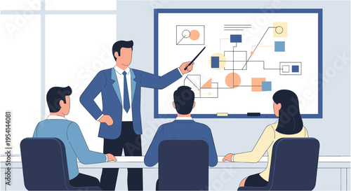 Businessman presenting flowchart on whiteboard to colleagues in professional office setting with natural lighting for corporate training