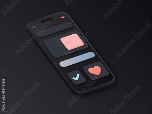Minimal dark mobile UI with 3D elements, heart and check icons, and sleek interface layout for app or web design projects vector illustration