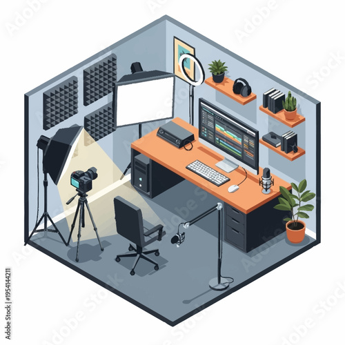 Isometric illustration of a home recording studio with camera, lights, computer, microphone, and acoustic panels.
