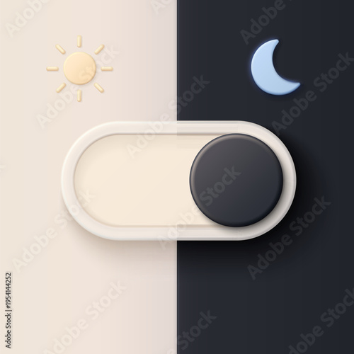 Modern 3D toggle switch showing day and night mode, with sun and moon icons, representing dark mode user interface concept vector illustration