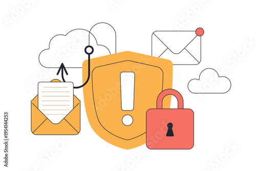 Depicts email phishing attack with malicious links and security risks, highlighting online threats and data protection. Isolated on white background vector illustration
