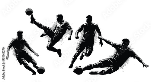 Four soccer players are kicking and sliding in different actions on field