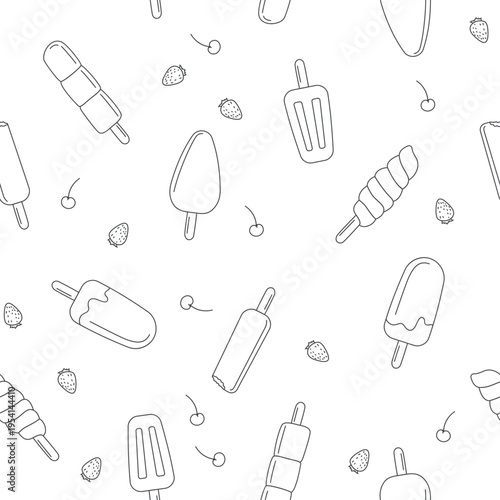 Seamless pattern of hand drawn ice cream, popsicles, strawberries, and cherries in simple line art style, isolated on white background vector illustration