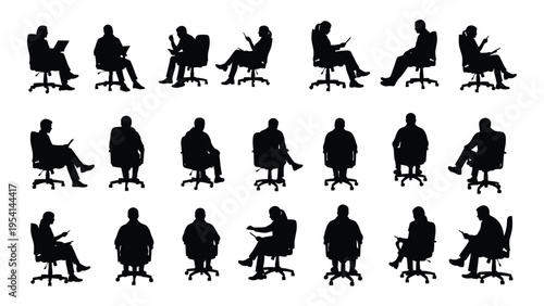 Silhouette of a businessman sitting on an office chair in various positions