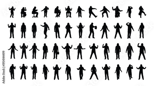 Collection of diverse human silhouettes in various poses and actions