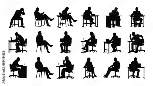 Collection of silhouettes of people sitting in various positions on chairs and stools