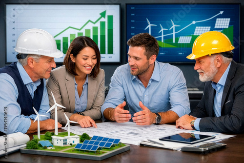 A team of engineers discusses a clean energy project around a table with drawings and 3D models.
