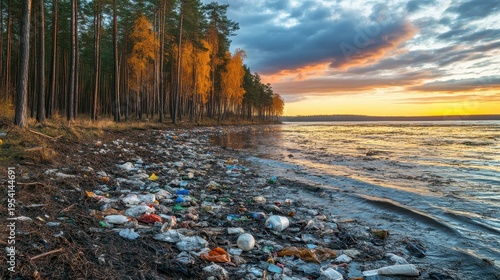 Accumulation of floating trash and debris scattered along the polluted lake shoreline after a storm, showcasing environmental damage.