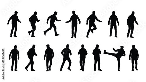 Collection of black silhouettes of men in various walking and kicking poses