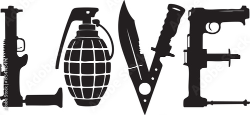Black silhouettes of guns knife and grenade forming 'love' word on white background symbolizing contrast between violence and affection