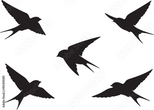 five black birds flying in formation against white background