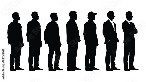 Seven businessmen in a row silhouettes