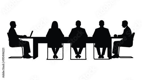 Business meeting with five people sitting at a table in silhouette