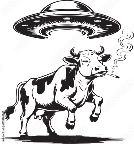 Cow smoking cigarette with ufo hovering above black and white illustration