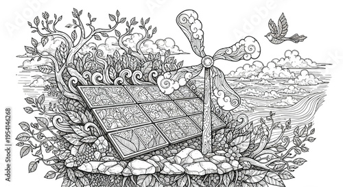 A serene landscape with a solar panel and a wind turbine standing amidst lush foliage and clouds.