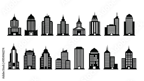 Black and white illustration of a diverse city skyline with various skyscrapers