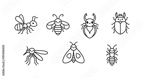Insects including bees and beetles are flying or standing on a plain surface.