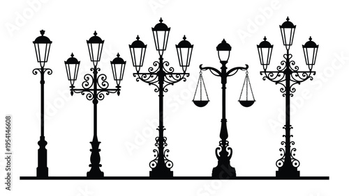 Vintage Street Lamp Silhouette Set, Classic Decorative Lantern Post Silhouettes With Ornate Details, Retro City Lighting Elements For Architecture
