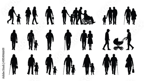 Collection of black silhouettes of people walking with dogs and strollers
