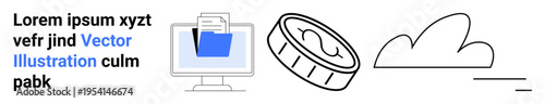 Data storage, digital transactions, cloud technology, cybersecurity, online backup, digital services. Folder on a monitor, coin cloud icon. Cybersecurity and data storage concepts