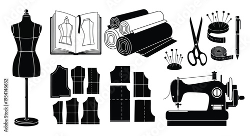 Sewing tools and dressmaking equipment laid out for fashion design on a table indoors.