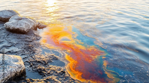Iridescent oil spill spreads across a rocky bay at sunset, reflecting warm light on the water's surface