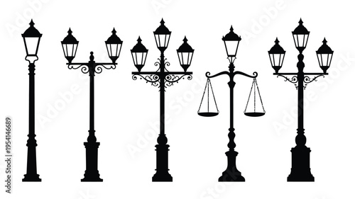 Vintage Street Lamp Silhouette Set, Classic Ornate Lantern Posts Collection In Black Minimal Style, Decorative City Lighting Elements For Urban Design, Architecture