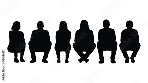 Six black silhouettes of women sitting in a row on white background