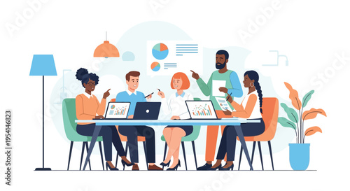 People sitting around a table with laptops discussing and collaborating in office