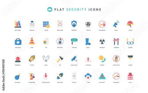 Work safety, health protection equipment for workplace, warning sign and emergency signal color icon set. Protective safe personal workwear, accident prevention flat elements vector illustration