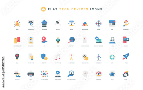 Modern new technology of future, data analysis system and AI processes color icon set. Face, eye recognition and cloud access, cybersecurity, machine learning flat elements vector illustration