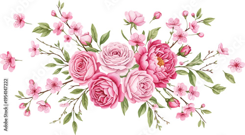 Elegant bouquet of pink roses and cherry blossoms in a delicate floral arrangement