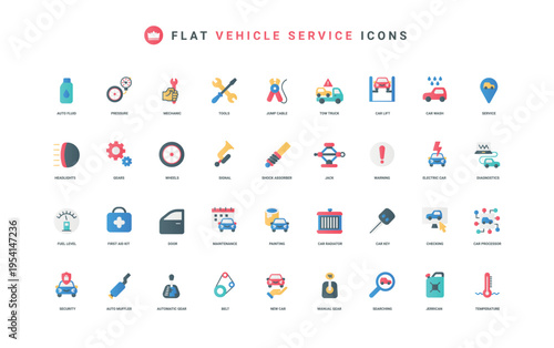 Maintenance and repair car service, diagnostics of vehicle, garage tools and car parts color icon set. Automatic and manual gearbox, tire of wheel, evacuator truck flat elements vector illustration