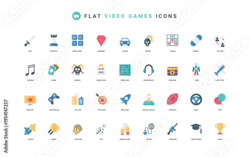Video games and gamification, hobby for players and achievement in esport color icon set. Electronic games of different genres, strategy and shooter, RPG, puzzle flat elements vector illustration