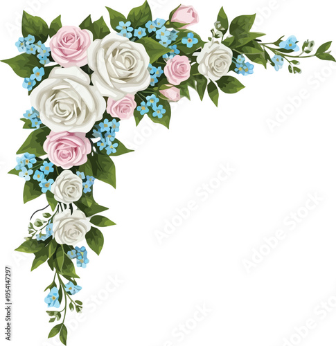 Elegant floral arrangement with roses and forget-me-nots in a graceful garland design